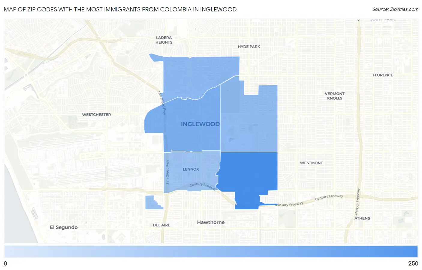 Zip Codes with the Most Immigrants from Colombia in Inglewood Map
