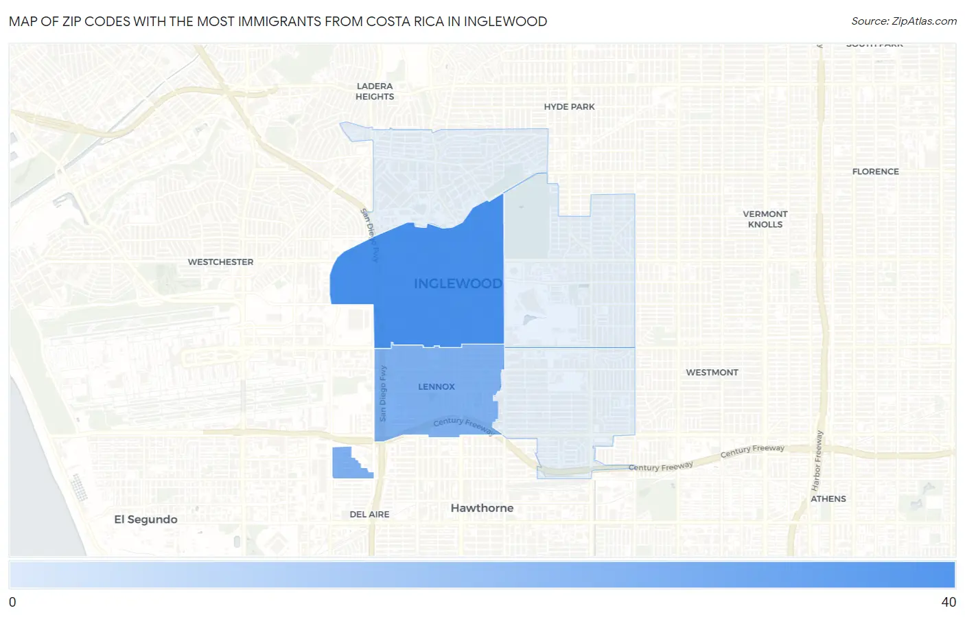 Zip Codes with the Most Immigrants from Costa Rica in Inglewood Map