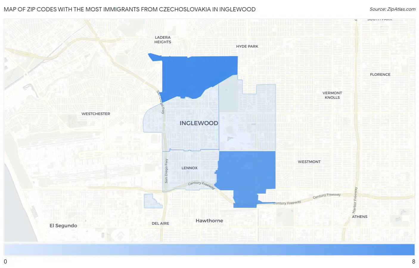 Zip Codes with the Most Immigrants from Czechoslovakia in Inglewood Map