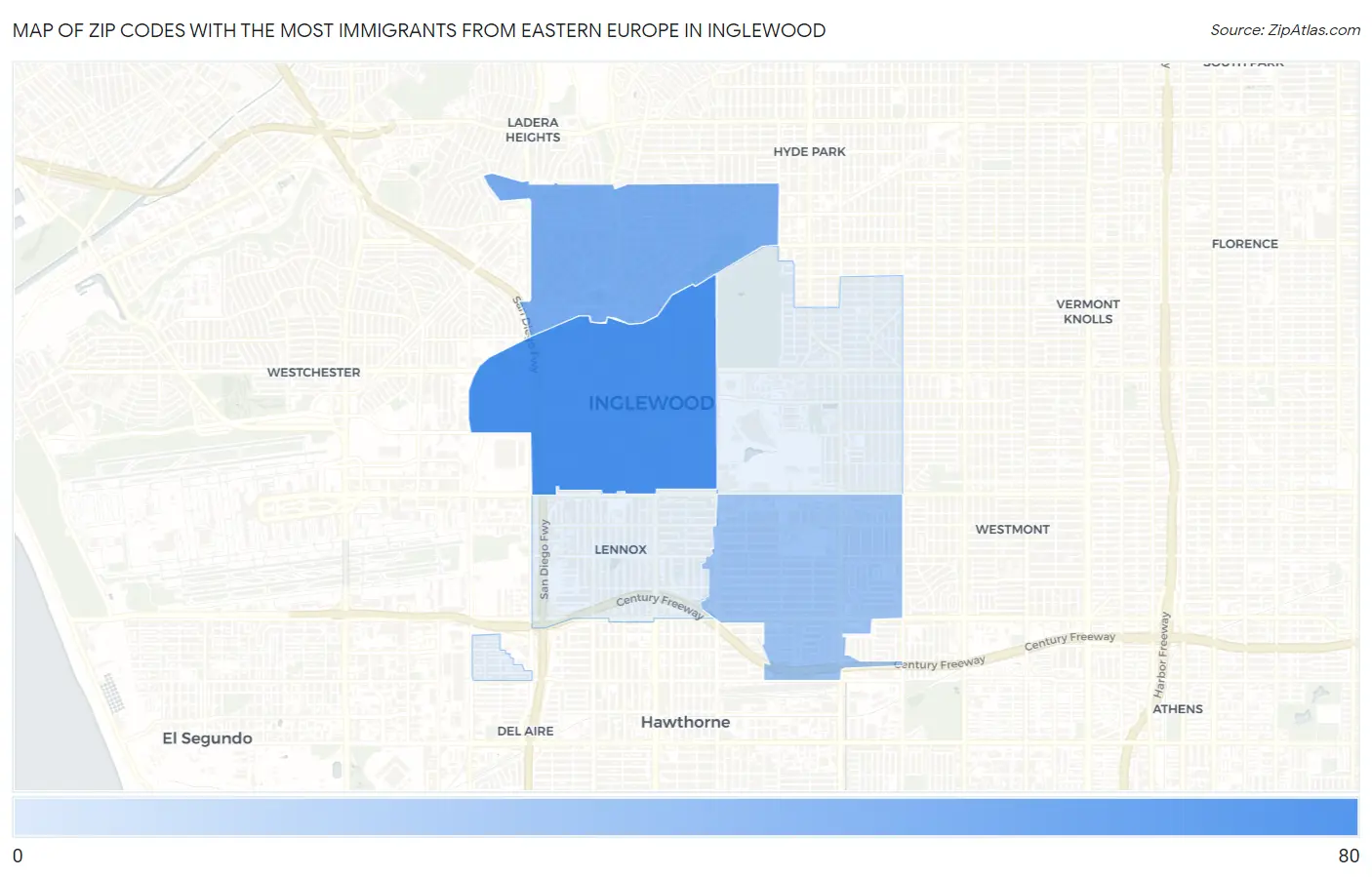 Zip Codes with the Most Immigrants from Eastern Europe in Inglewood Map