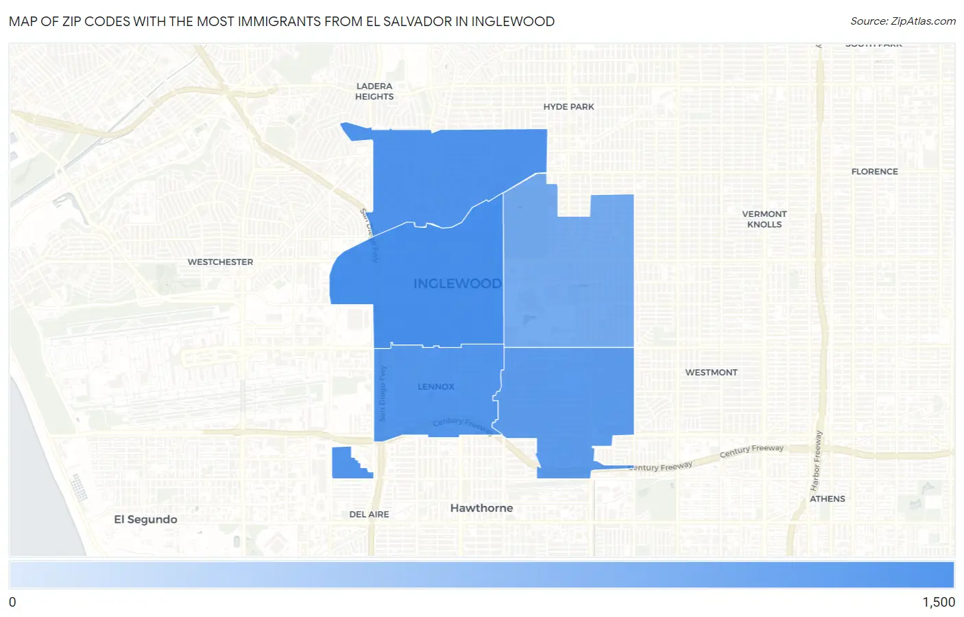 Zip Codes with the Most Immigrants from El Salvador in Inglewood Map