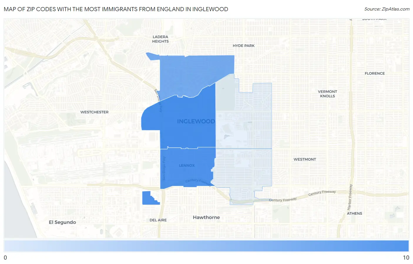 Zip Codes with the Most Immigrants from England in Inglewood Map