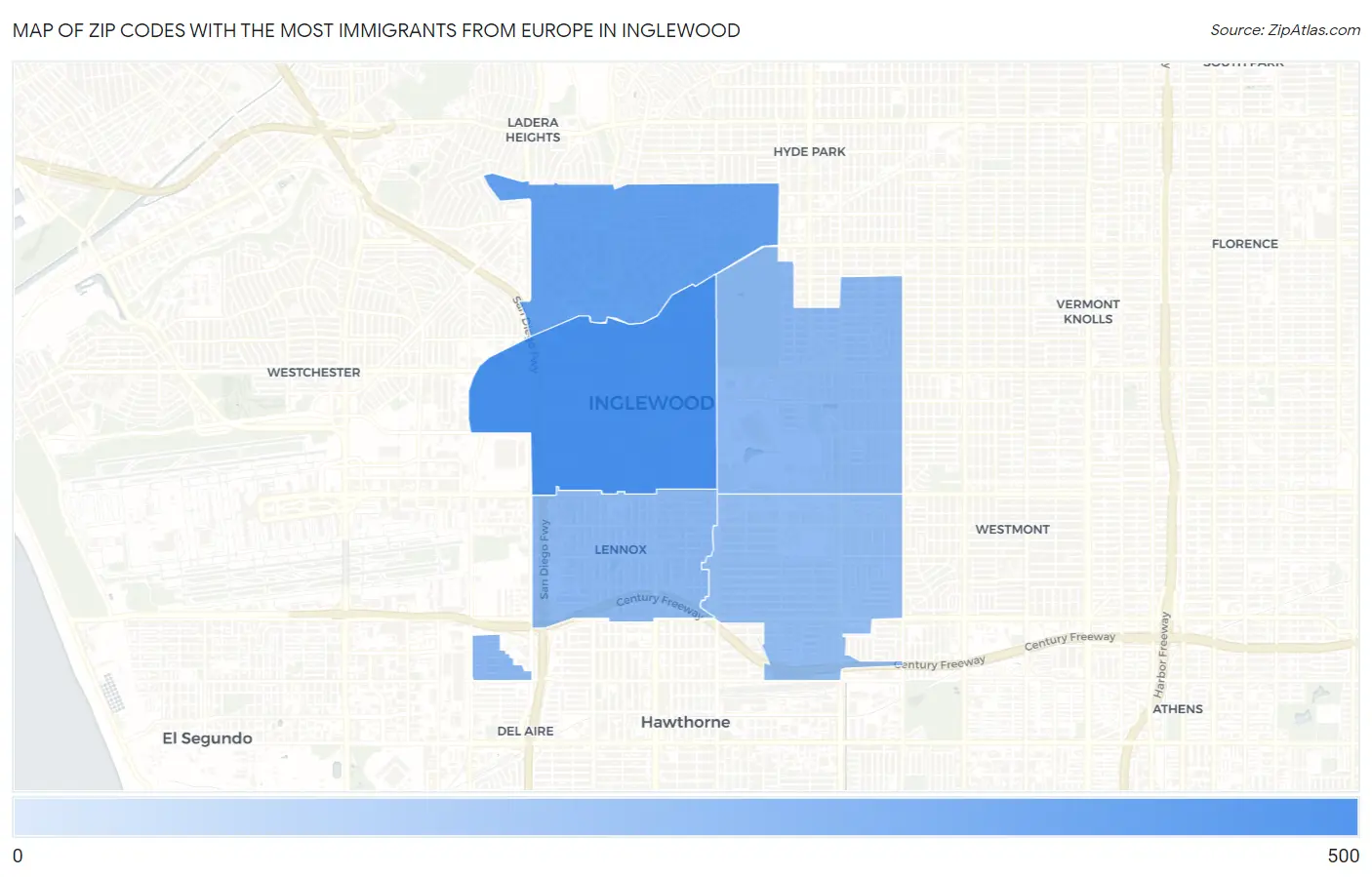 Zip Codes with the Most Immigrants from Europe in Inglewood Map