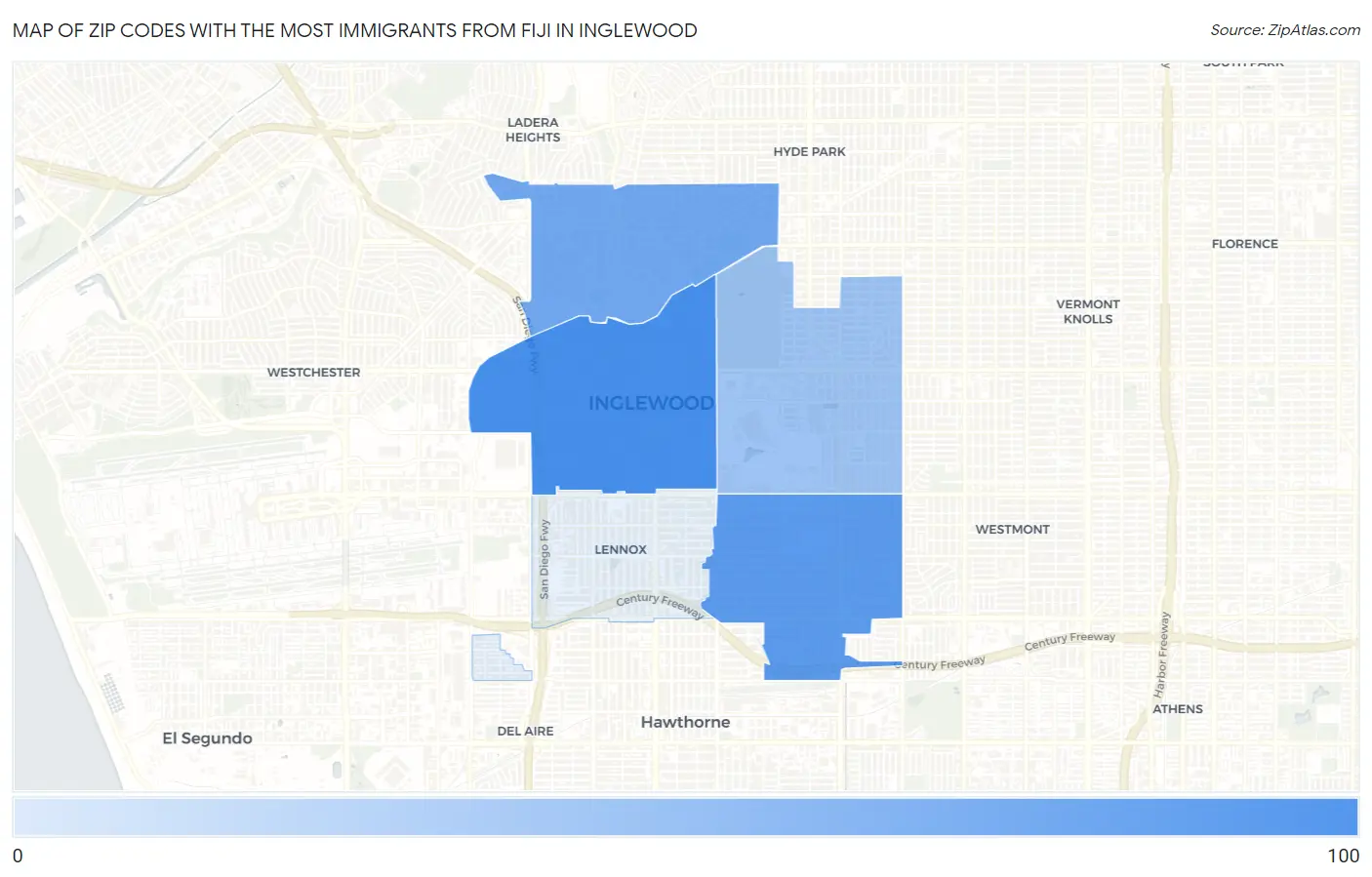 Zip Codes with the Most Immigrants from Fiji in Inglewood Map
