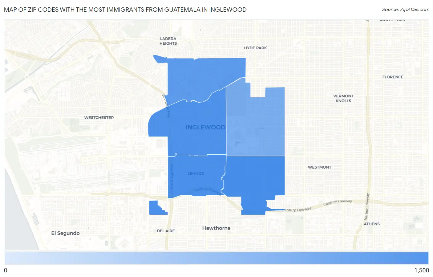 Zip Codes with the Most Immigrants from Guatemala in Inglewood Map