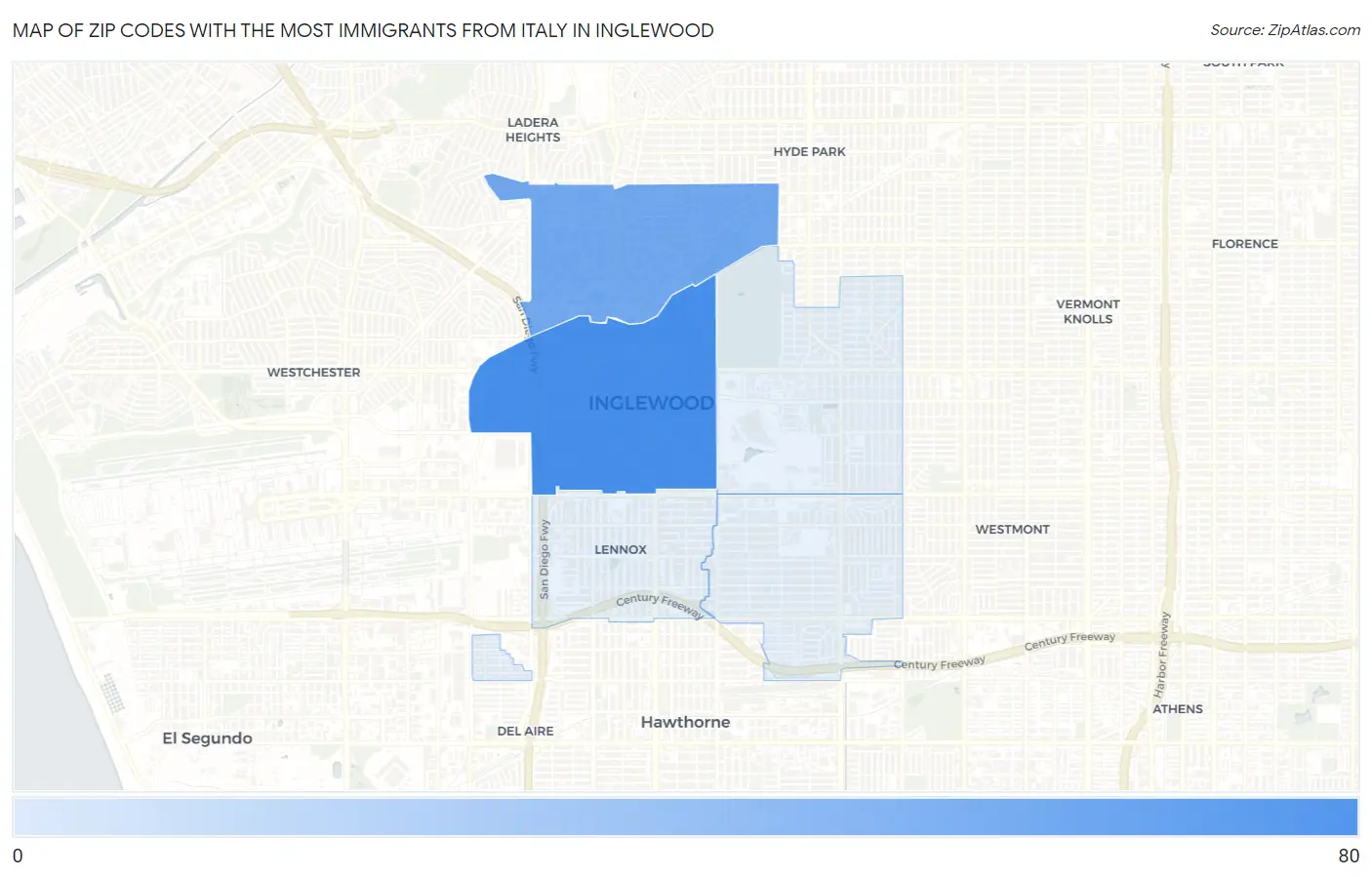 Zip Codes with the Most Immigrants from Italy in Inglewood Map