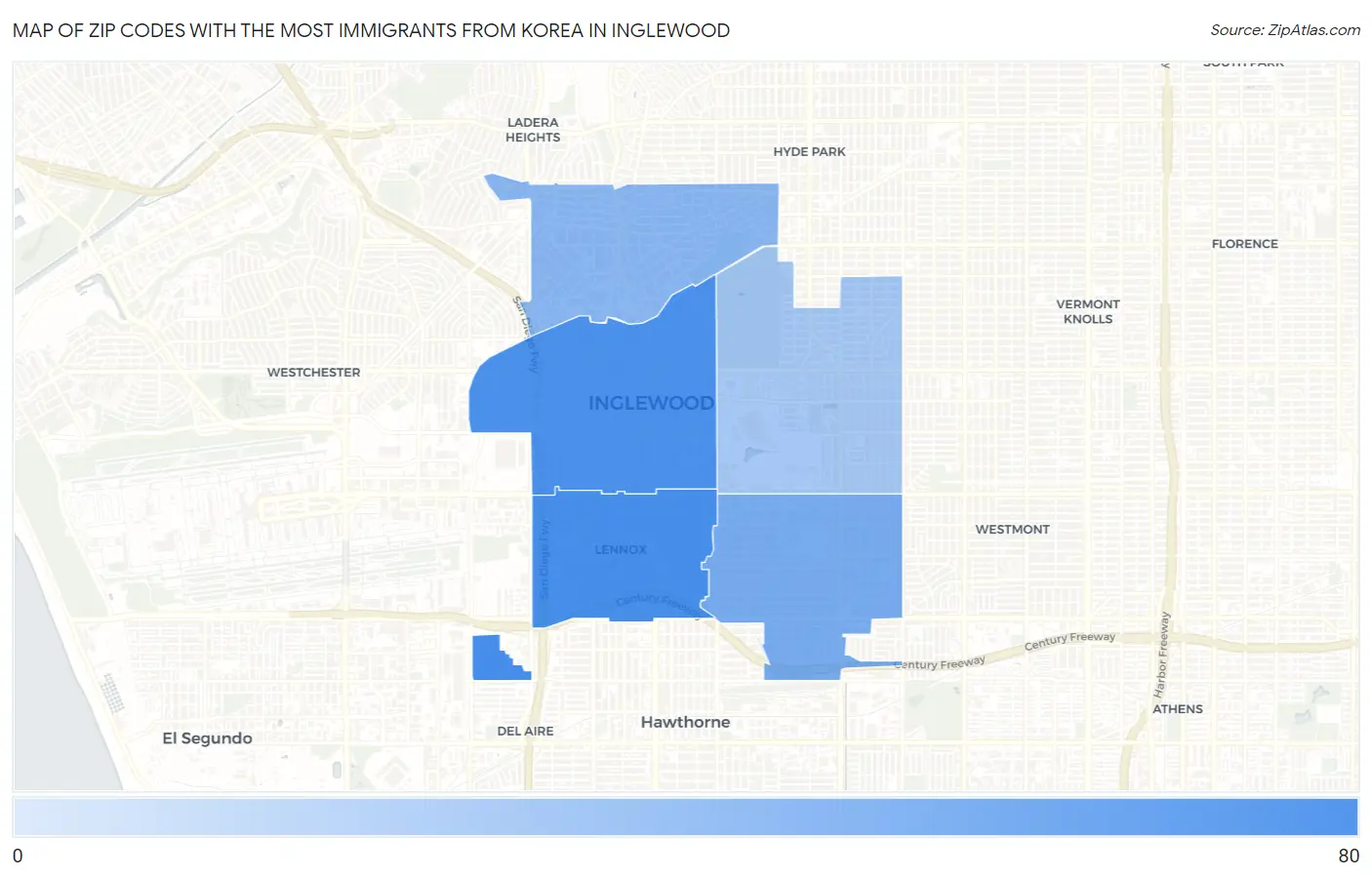Zip Codes with the Most Immigrants from Korea in Inglewood Map