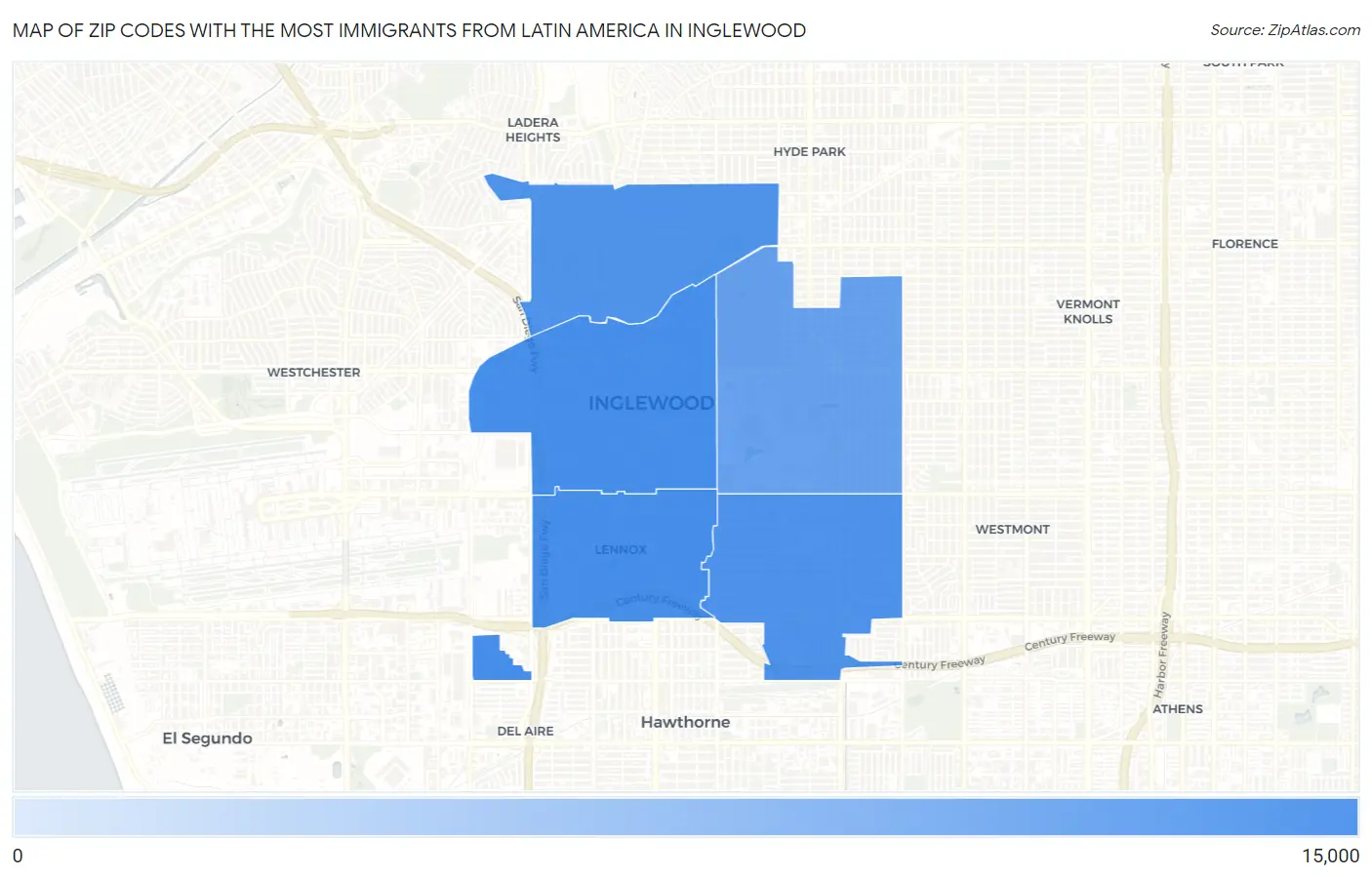 Zip Codes with the Most Immigrants from Latin America in Inglewood Map
