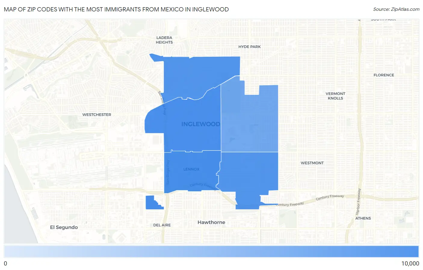 Zip Codes with the Most Immigrants from Mexico in Inglewood Map