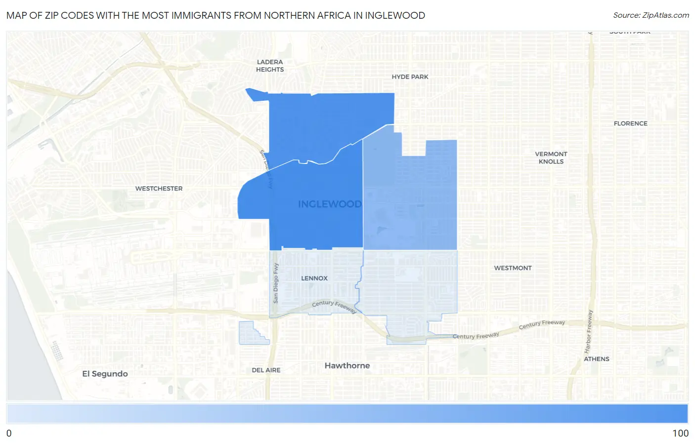 Zip Codes with the Most Immigrants from Northern Africa in Inglewood Map