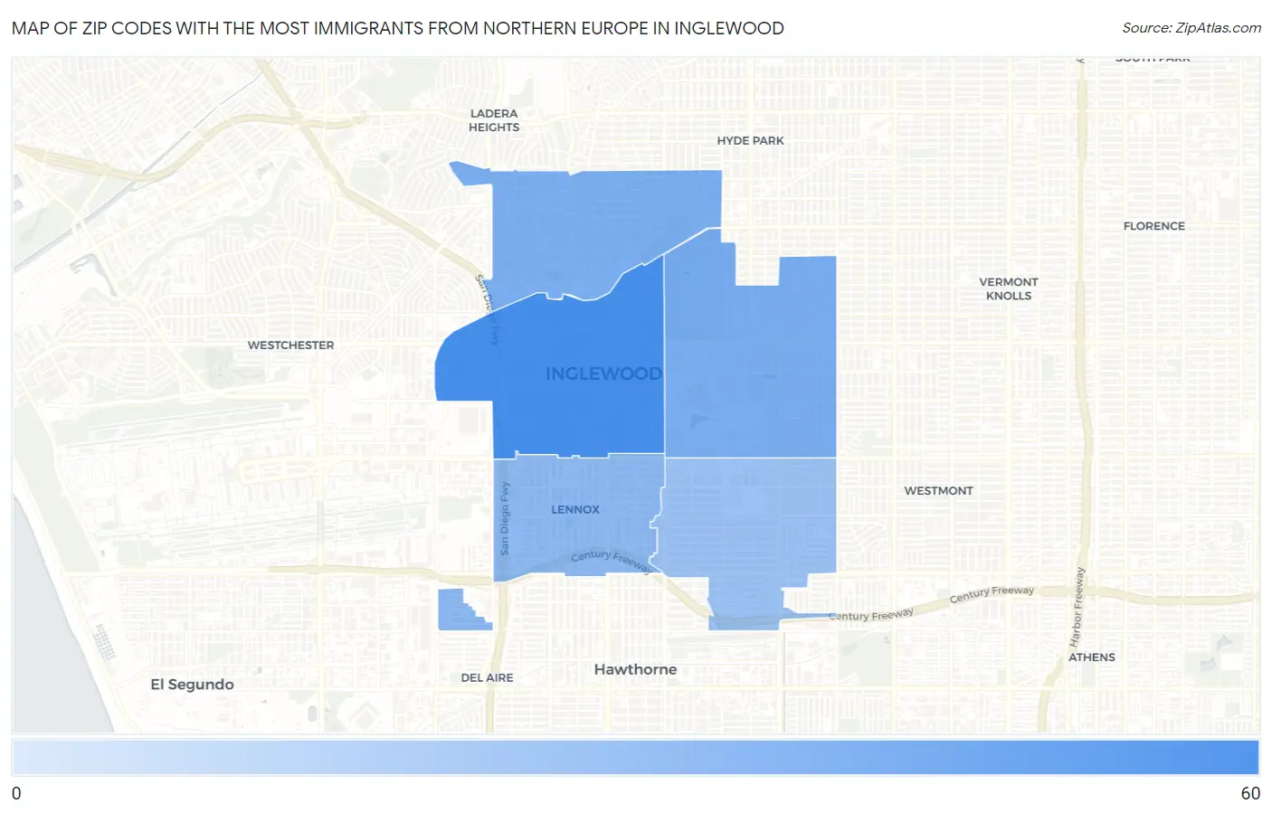Zip Codes with the Most Immigrants from Northern Europe in Inglewood Map