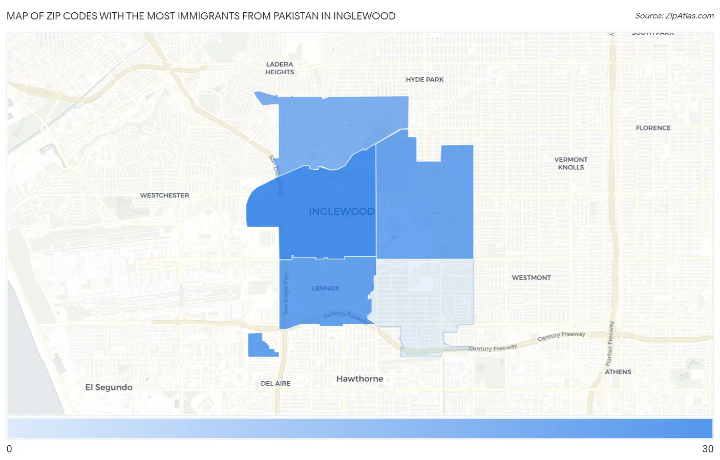 Zip Codes with the Most Immigrants from Pakistan in Inglewood Map