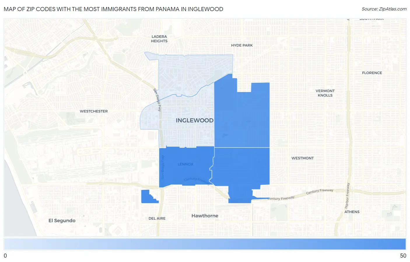 Zip Codes with the Most Immigrants from Panama in Inglewood Map