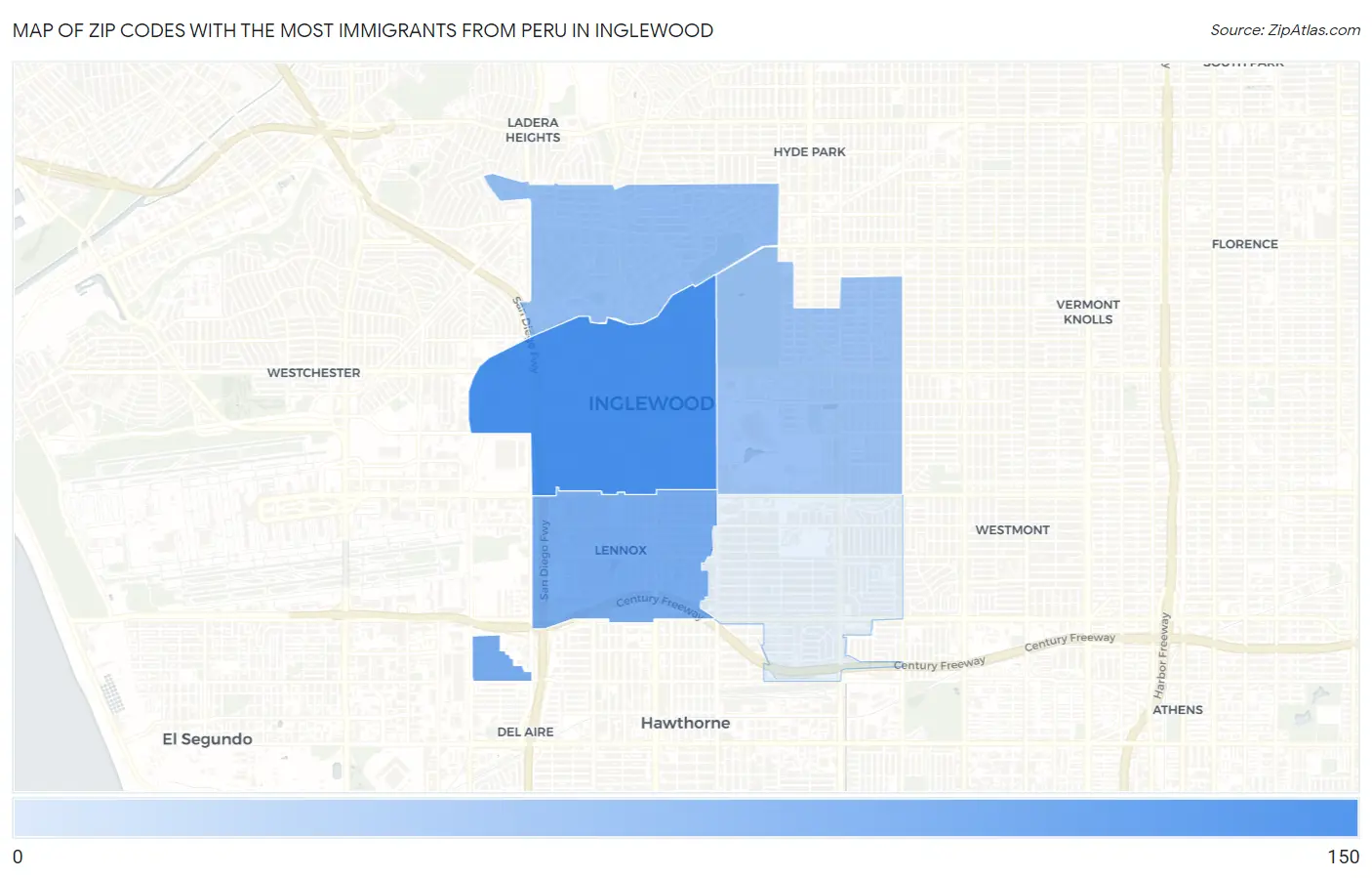 Zip Codes with the Most Immigrants from Peru in Inglewood Map