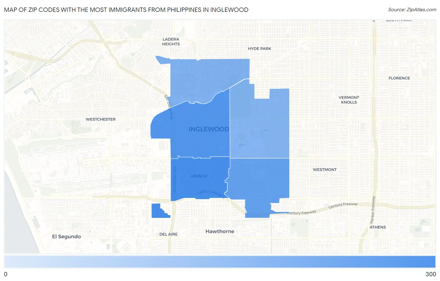 Zip Codes with the Most Immigrants from Philippines in Inglewood Map