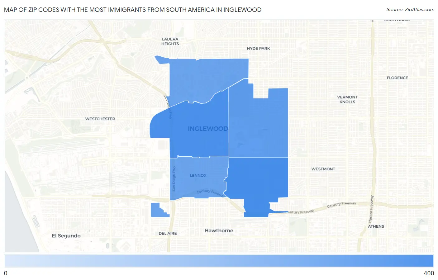 Zip Codes with the Most Immigrants from South America in Inglewood Map