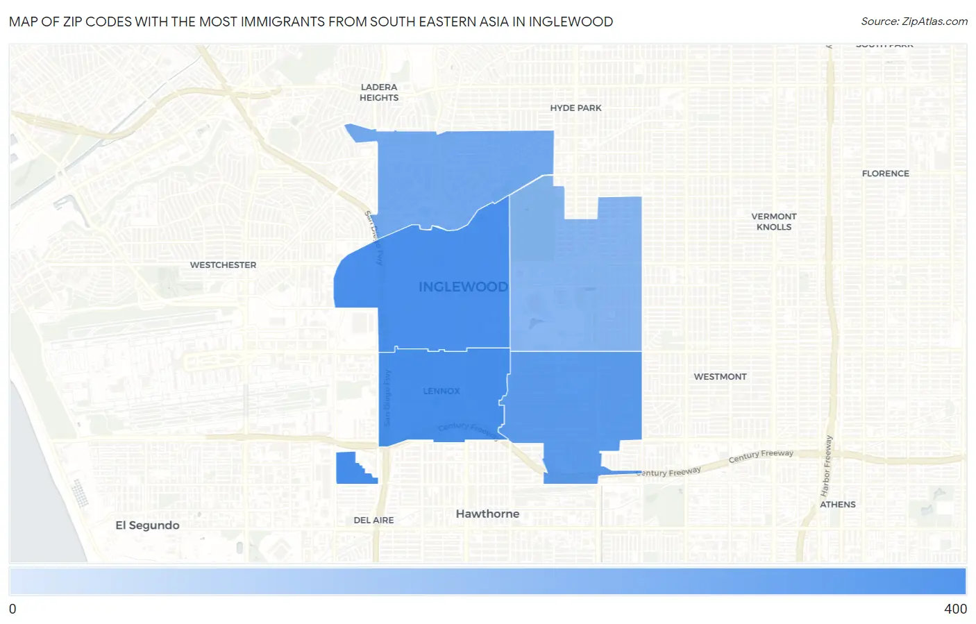 Zip Codes with the Most Immigrants from South Eastern Asia in Inglewood Map
