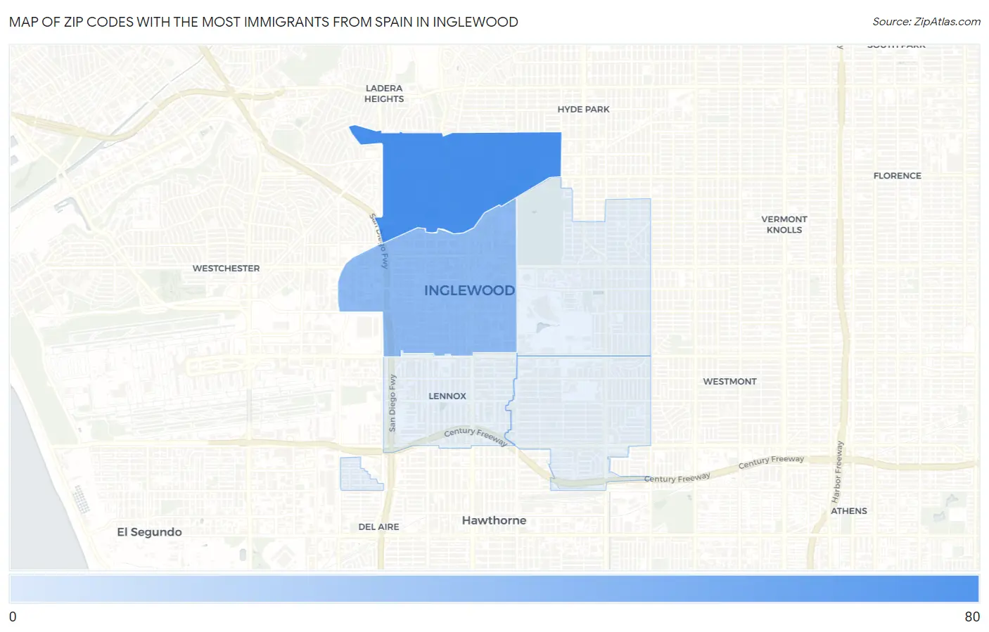 Zip Codes with the Most Immigrants from Spain in Inglewood Map