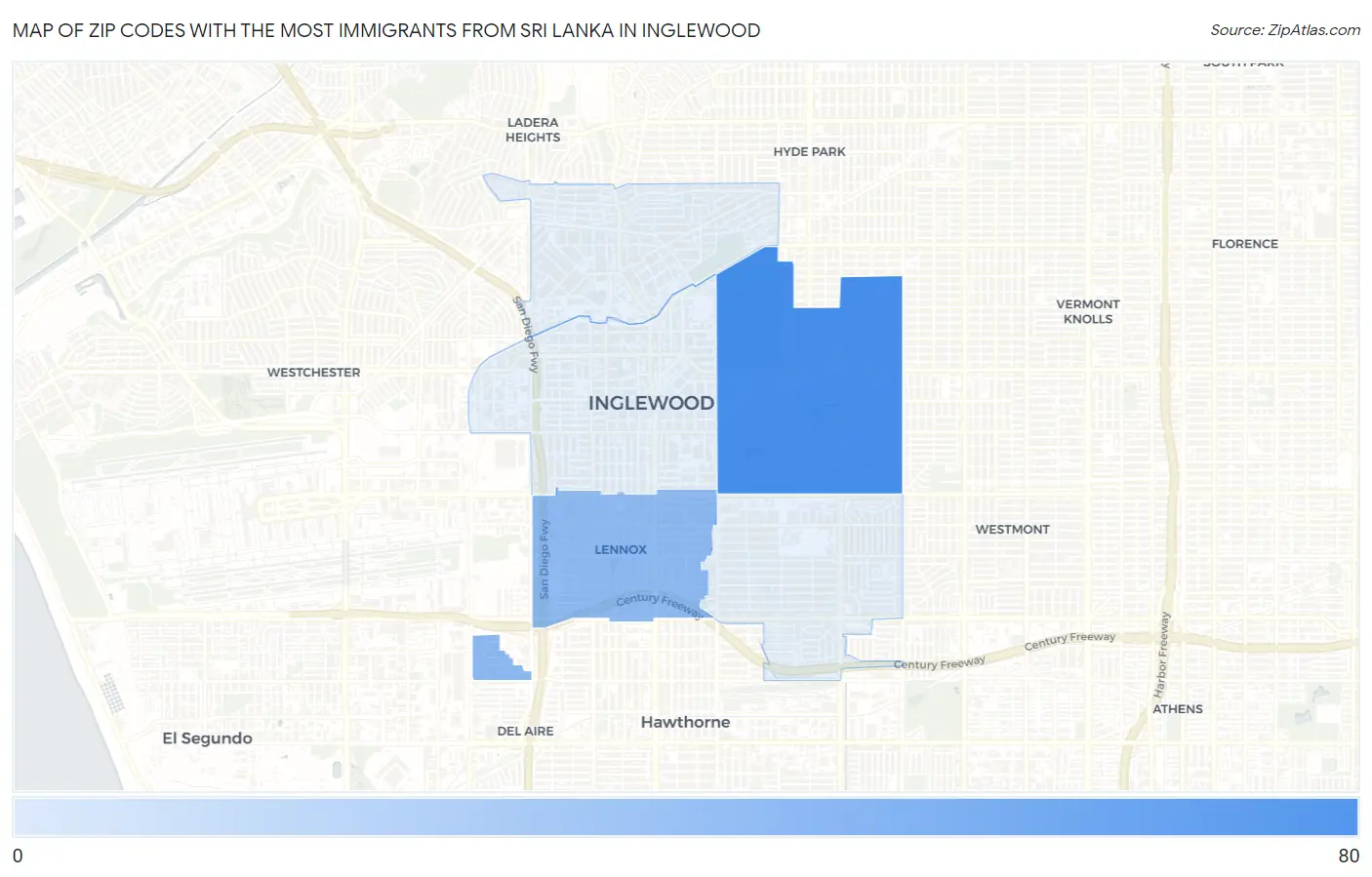 Zip Codes with the Most Immigrants from Sri Lanka in Inglewood Map