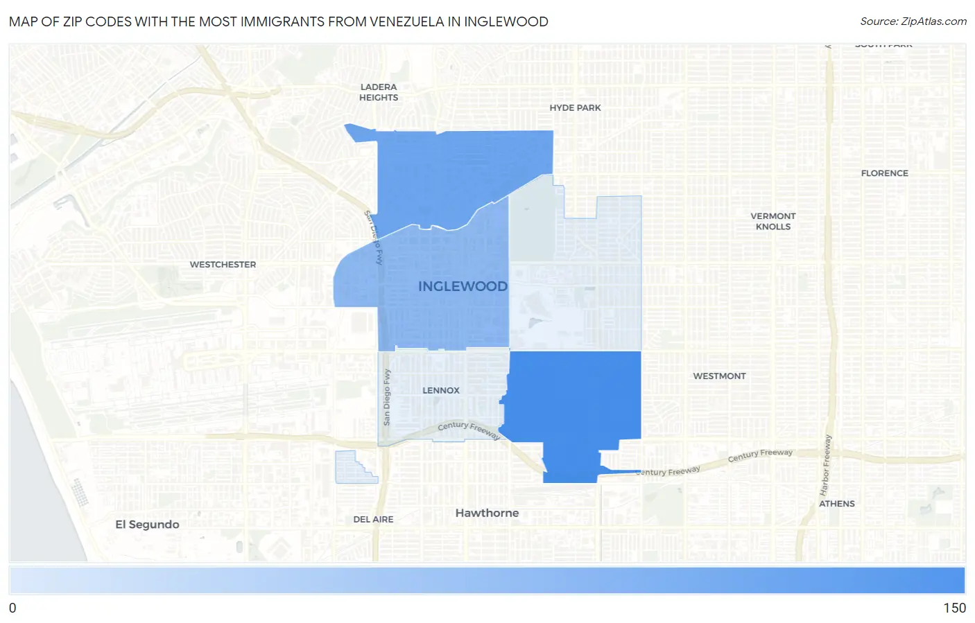 Zip Codes with the Most Immigrants from Venezuela in Inglewood Map