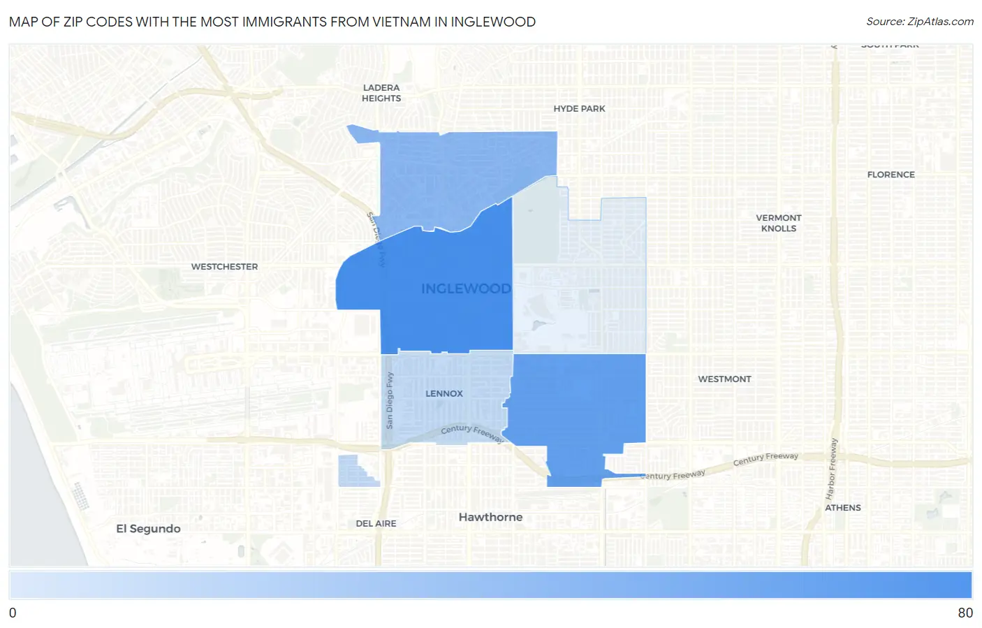 Zip Codes with the Most Immigrants from Vietnam in Inglewood Map