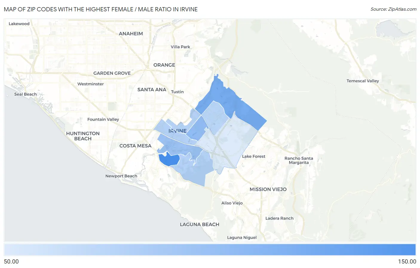 Zip Codes with the Highest Female / Male Ratio in Irvine Map