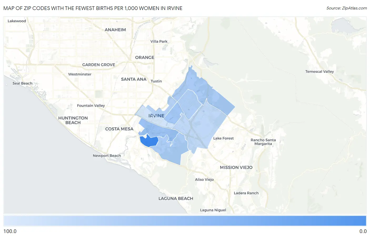 Zip Codes with the Fewest Births per 1,000 Women in Irvine Map