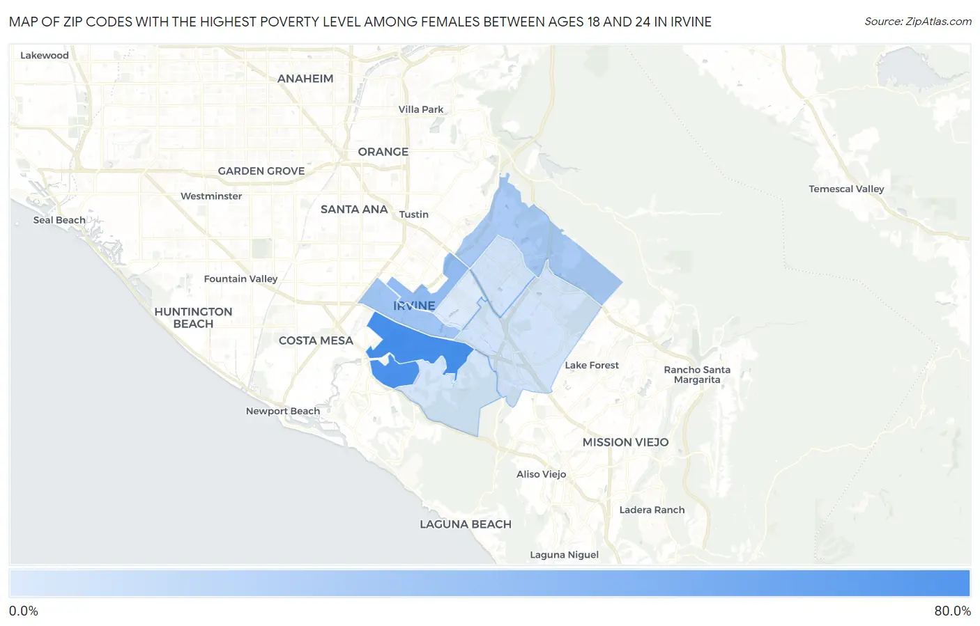 Zip Codes with the Highest Poverty Level Among Females Between Ages 18 and 24 in Irvine Map
