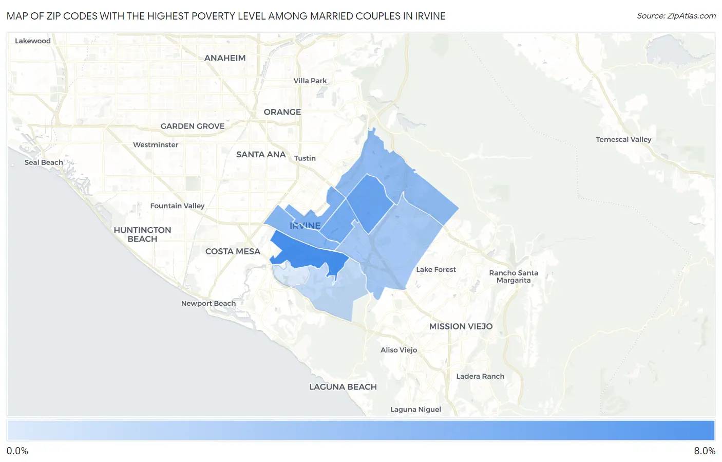 Zip Codes with the Highest Poverty Level Among Married Couples in Irvine Map
