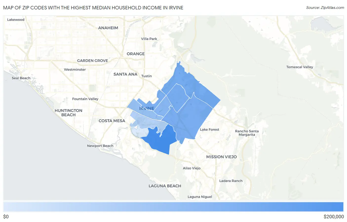Zip Codes with the Highest Median Household Income in Irvine Map