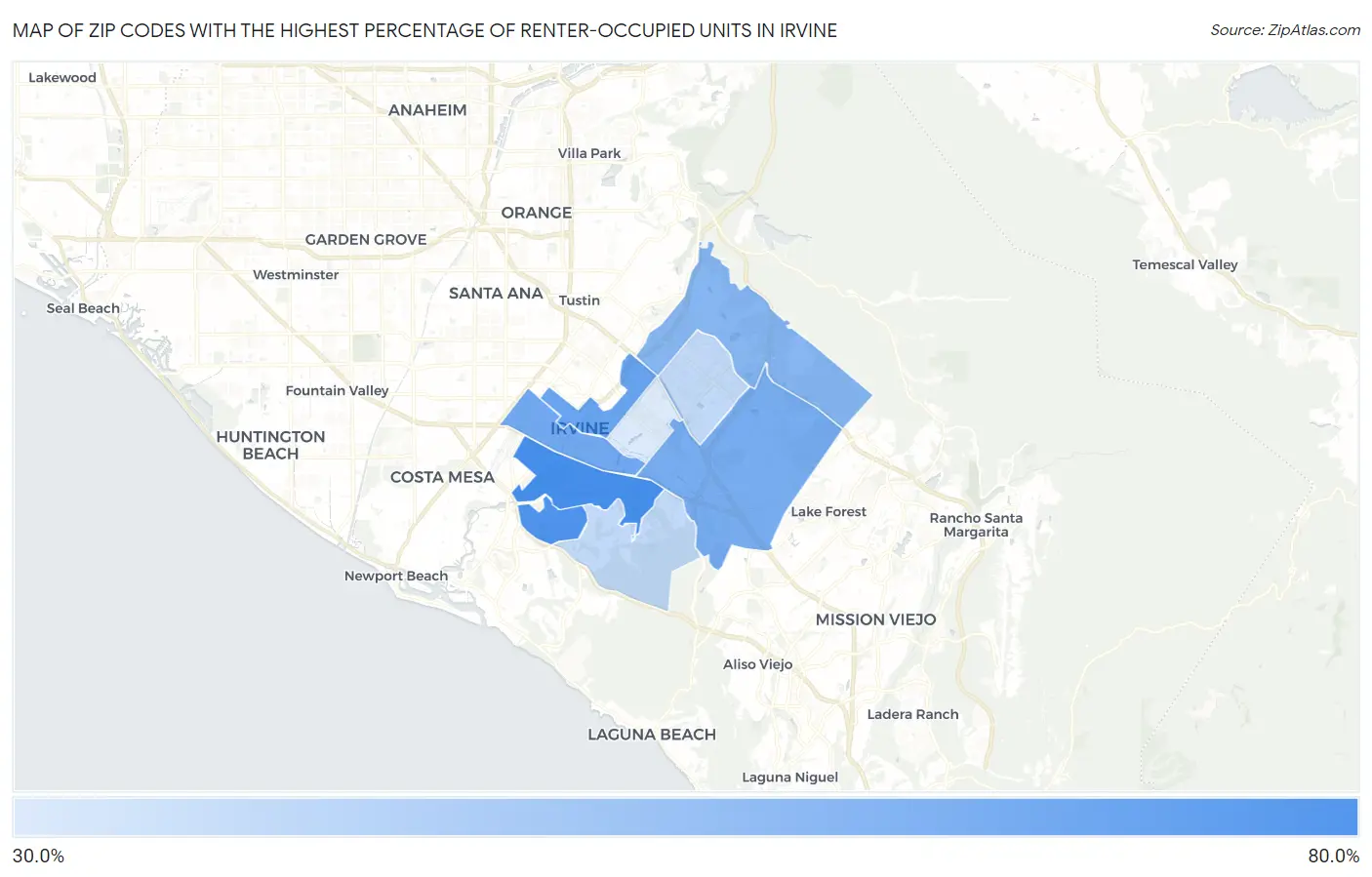 Zip Codes with the Highest Percentage of Renter-Occupied Units in Irvine Map