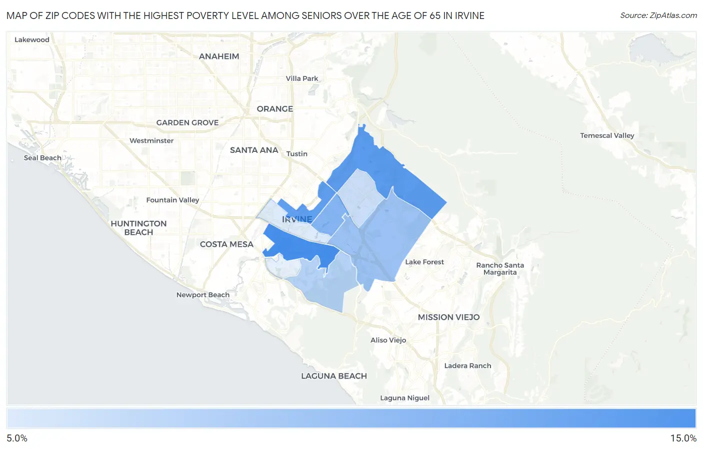 Zip Codes with the Highest Poverty Level Among Seniors Over the Age of 65 in Irvine Map