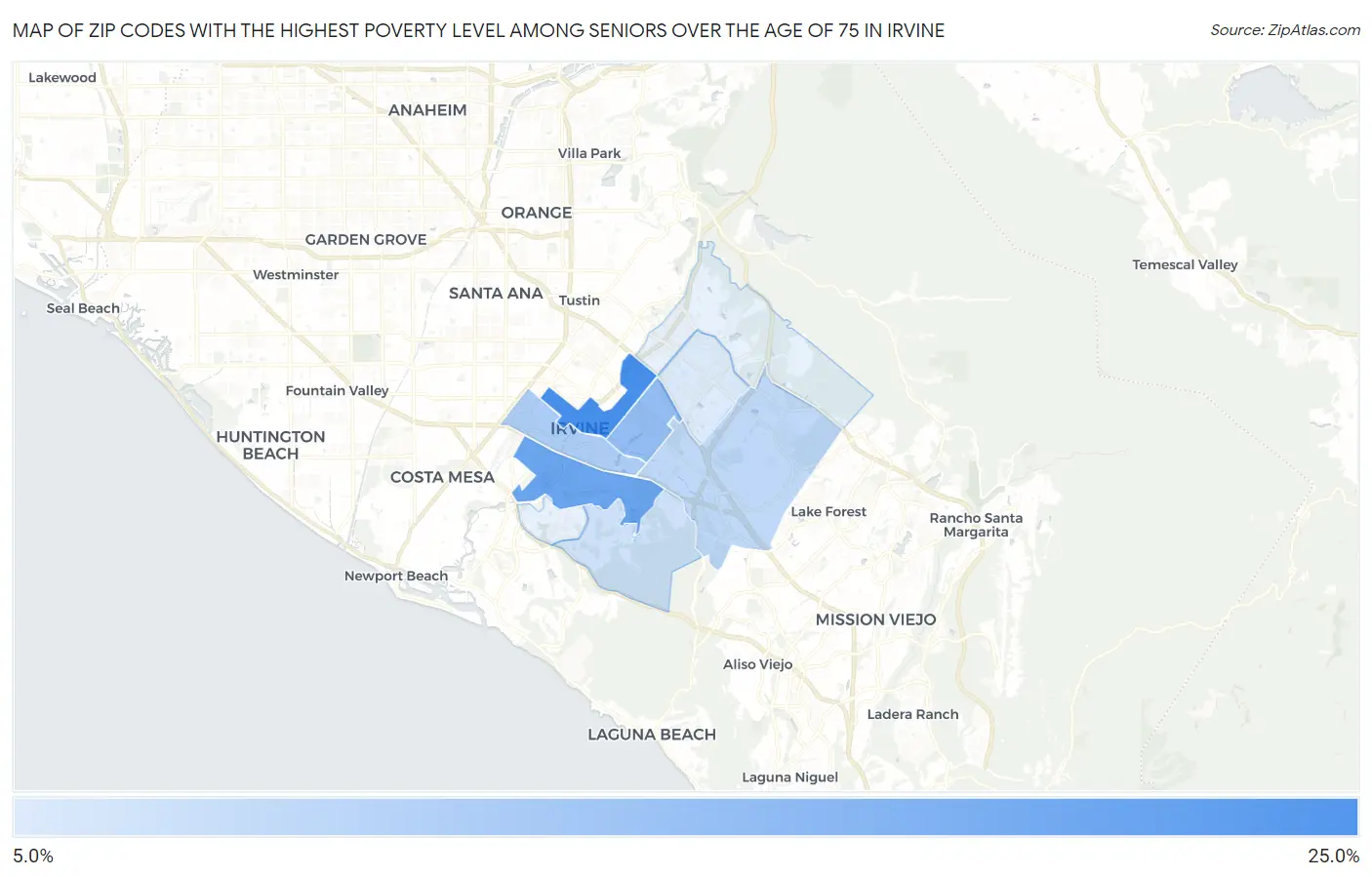 Zip Codes with the Highest Poverty Level Among Seniors Over the Age of 75 in Irvine Map