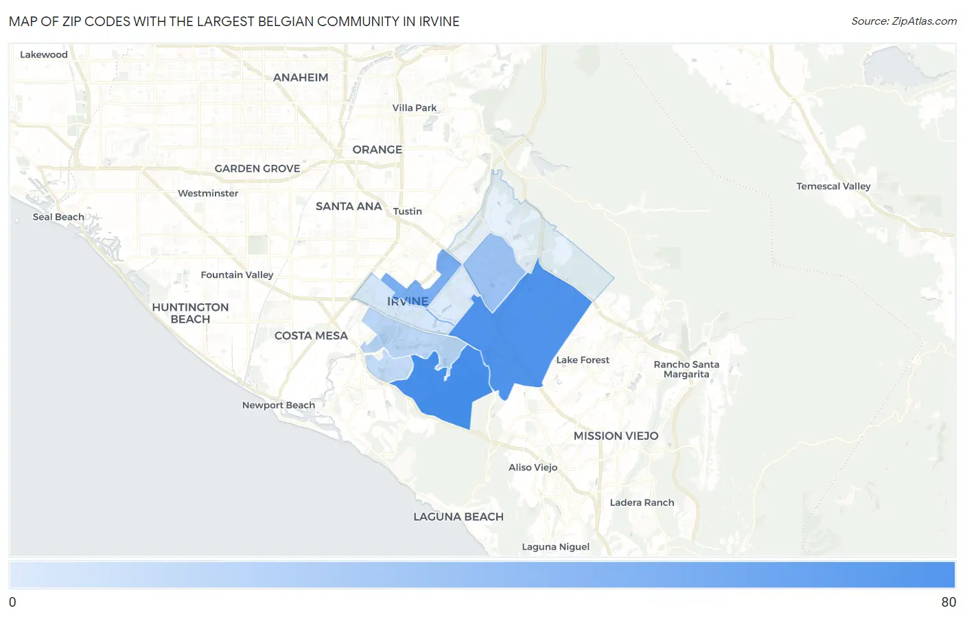 Zip Codes with the Largest Belgian Community in Irvine Map