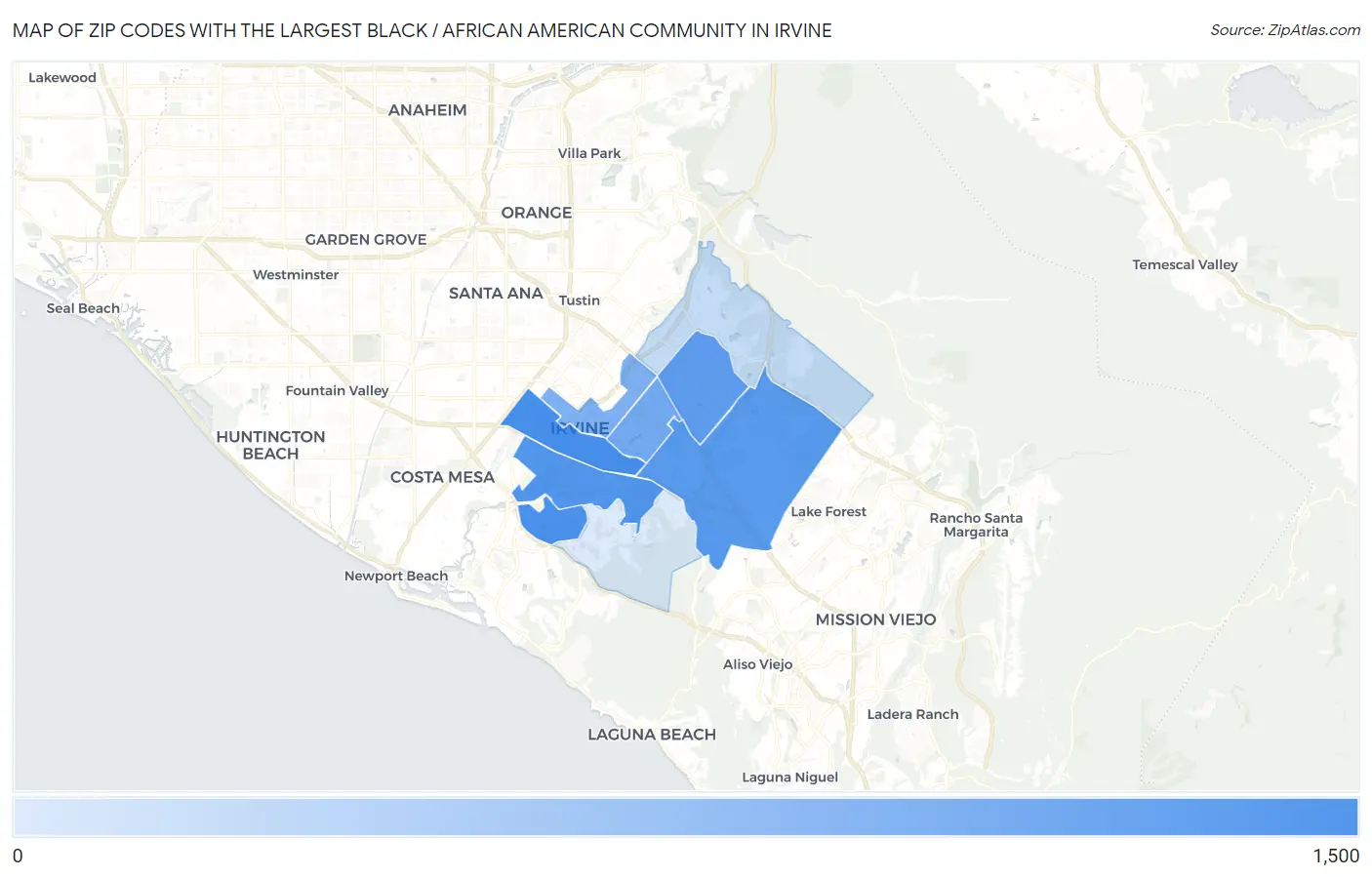 Zip Codes with the Largest Black / African American Community in Irvine Map