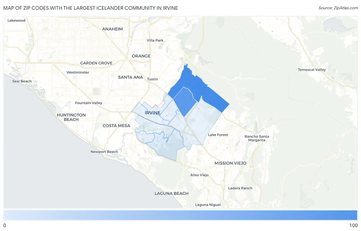 Zip Codes with the Largest Icelander Community in Irvine Map