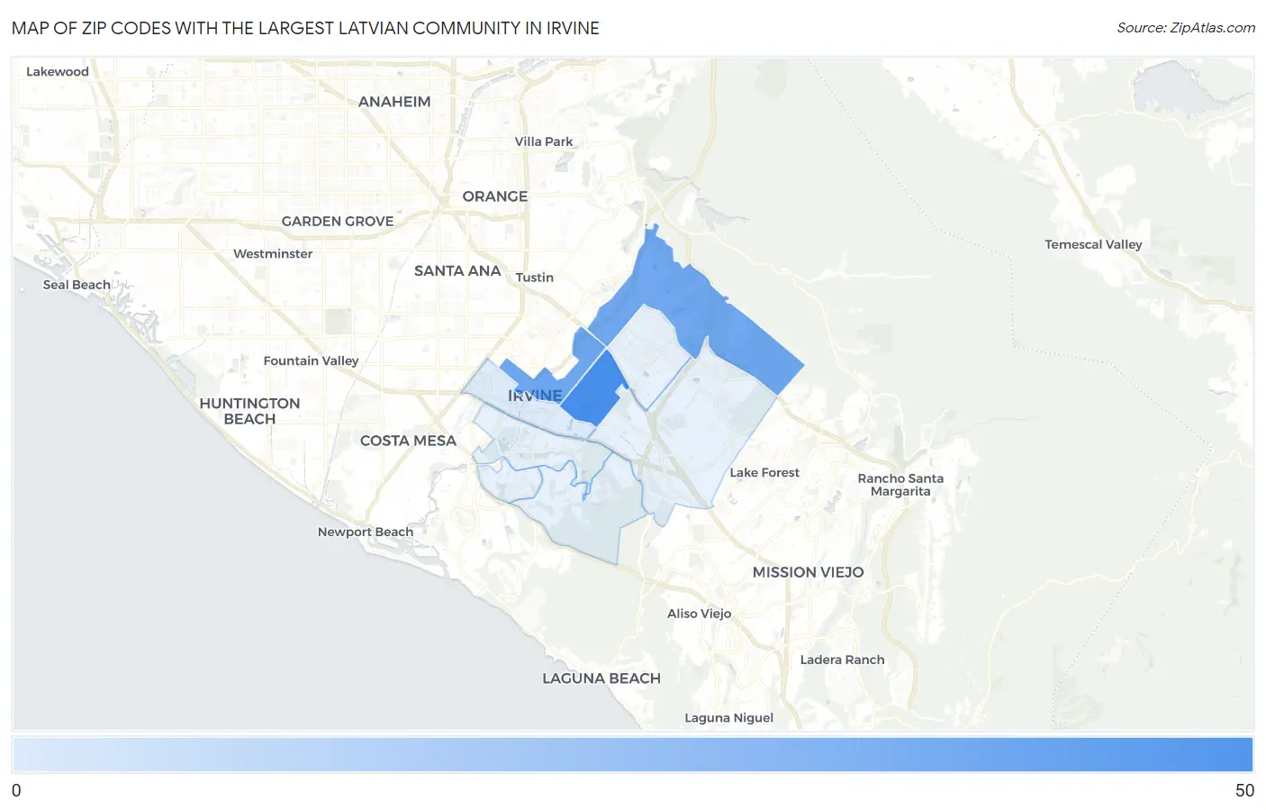 Zip Codes with the Largest Latvian Community in Irvine Map