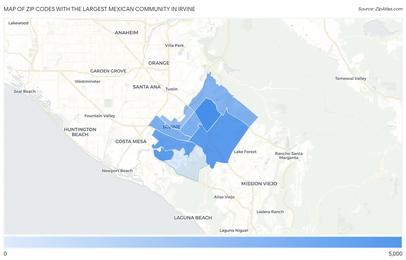 Zip Codes with the Largest Mexican Community in Irvine Map