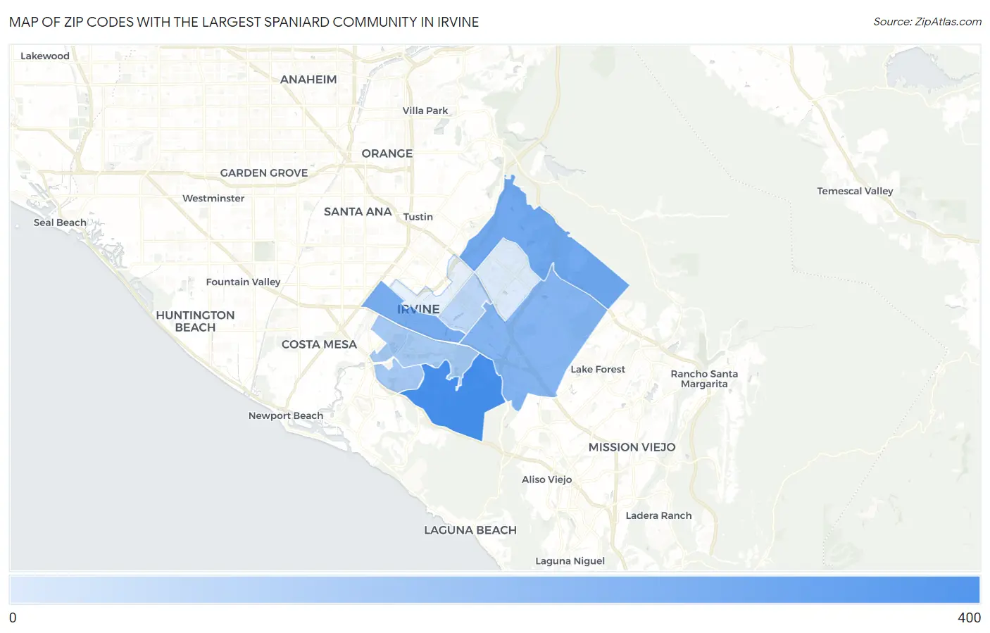 Zip Codes with the Largest Spaniard Community in Irvine Map