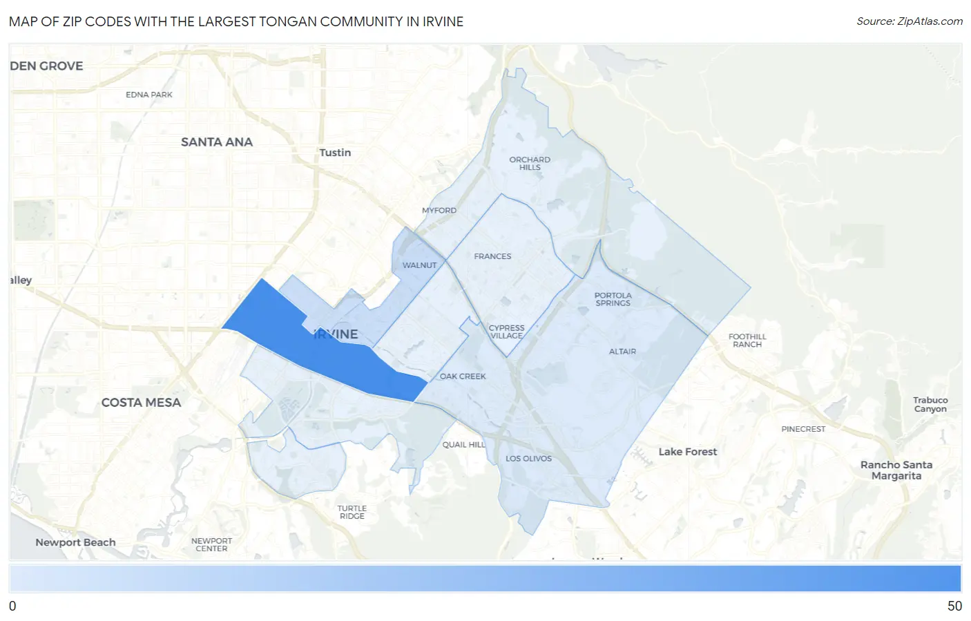 Zip Codes with the Largest Tongan Community in Irvine Map