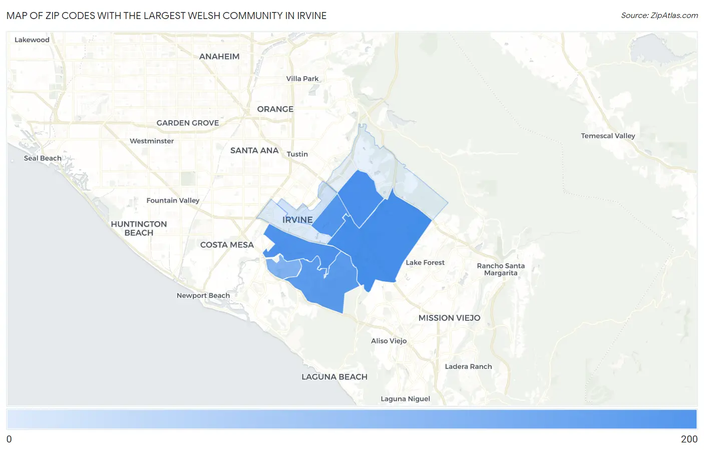 Zip Codes with the Largest Welsh Community in Irvine Map