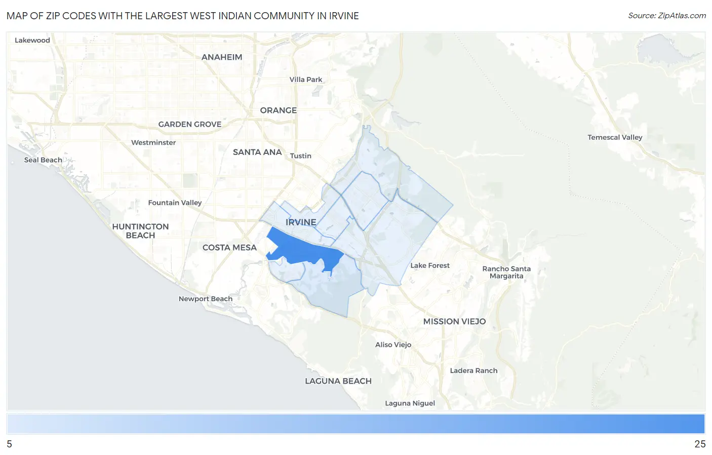Zip Codes with the Largest West Indian Community in Irvine Map
