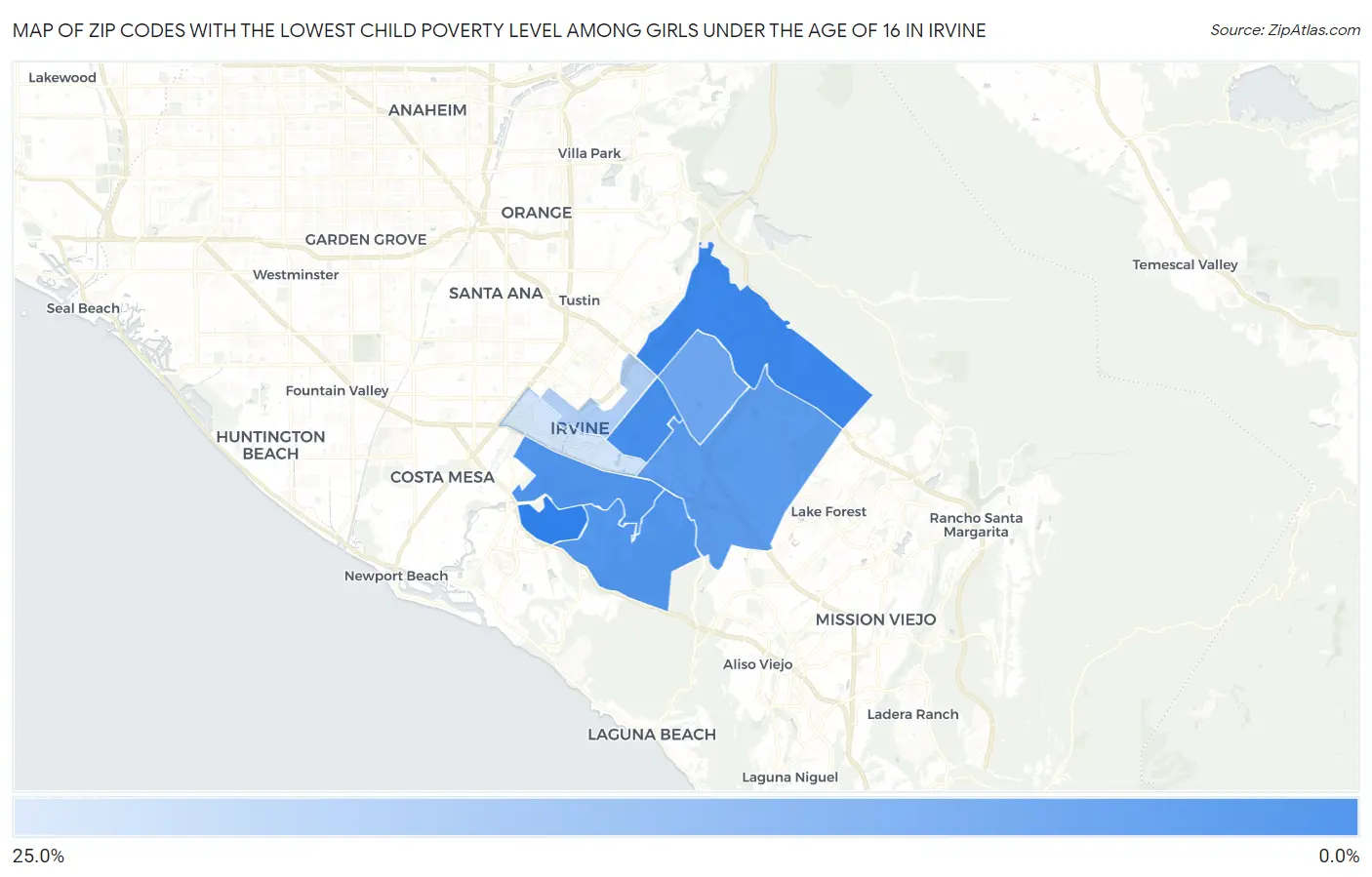 Zip Codes with the Lowest Child Poverty Level Among Girls Under the Age of 16 in Irvine Map