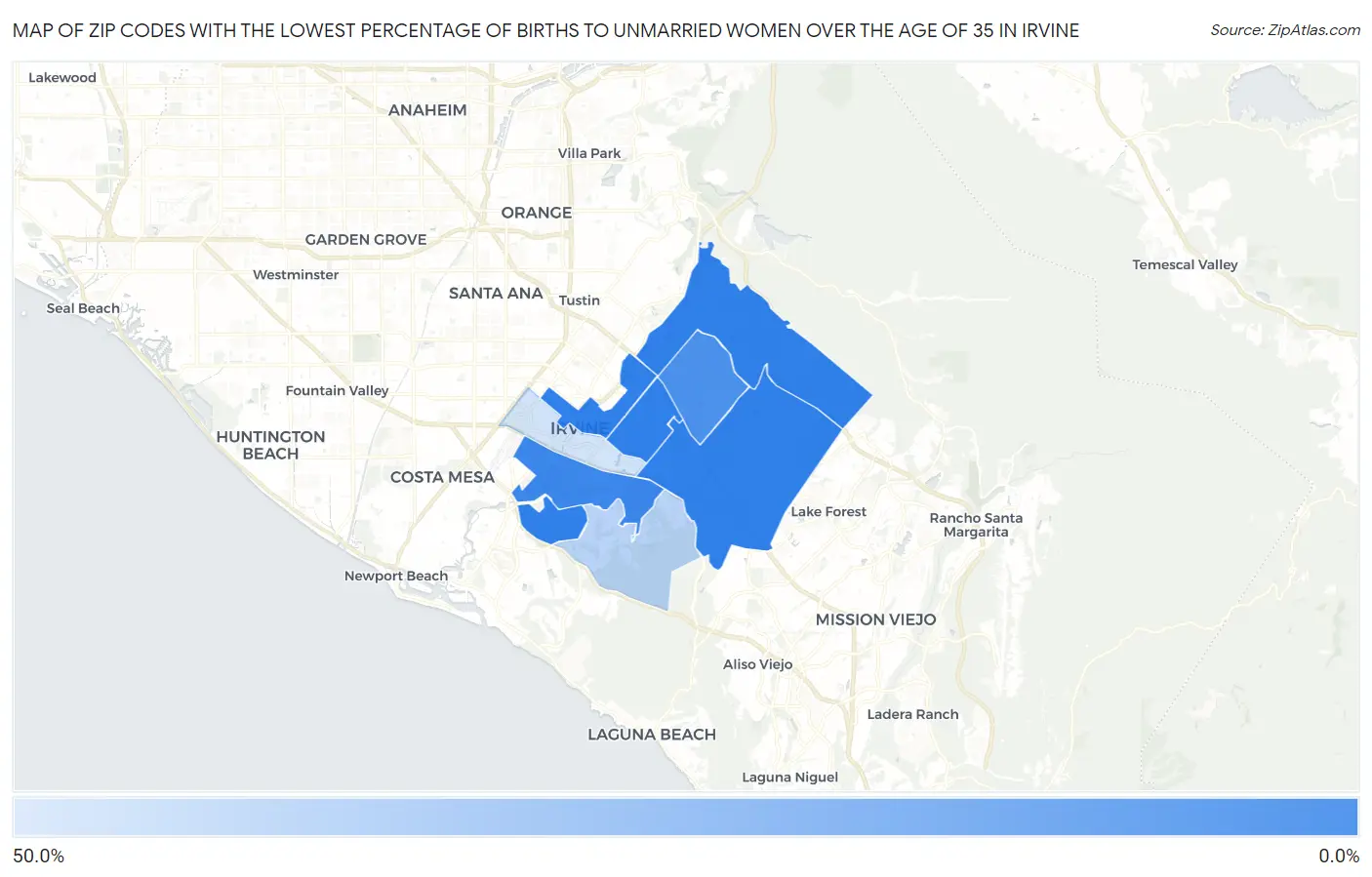 Zip Codes with the Lowest Percentage of Births to Unmarried Women over the Age of 35 in Irvine Map
