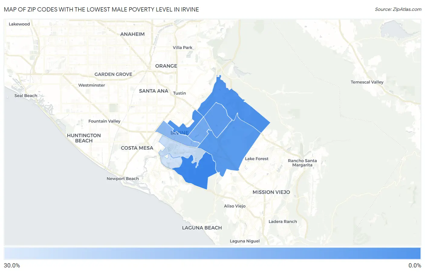 Zip Codes with the Lowest Male Poverty Level in Irvine Map