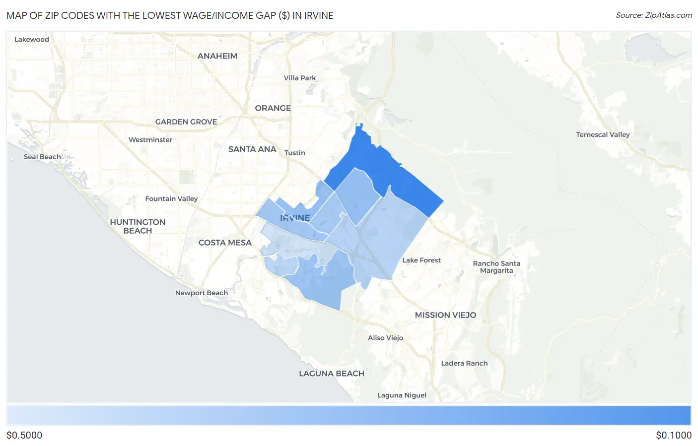 Zip Codes with the Lowest Wage/Income Gap ($) in Irvine Map