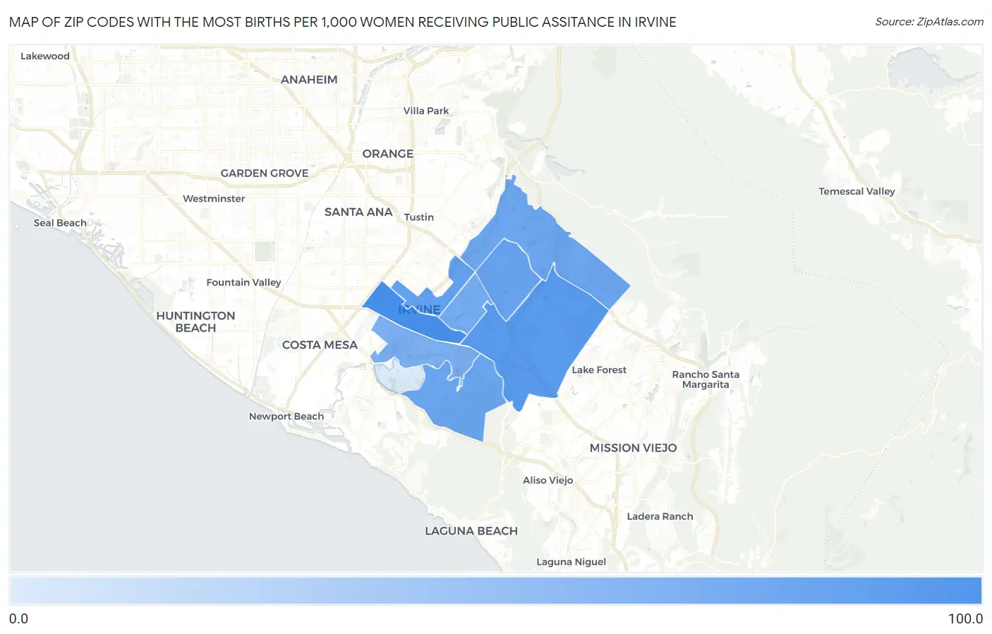 Zip Codes with the Most Births per 1,000 Women Receiving Public Assitance in Irvine Map