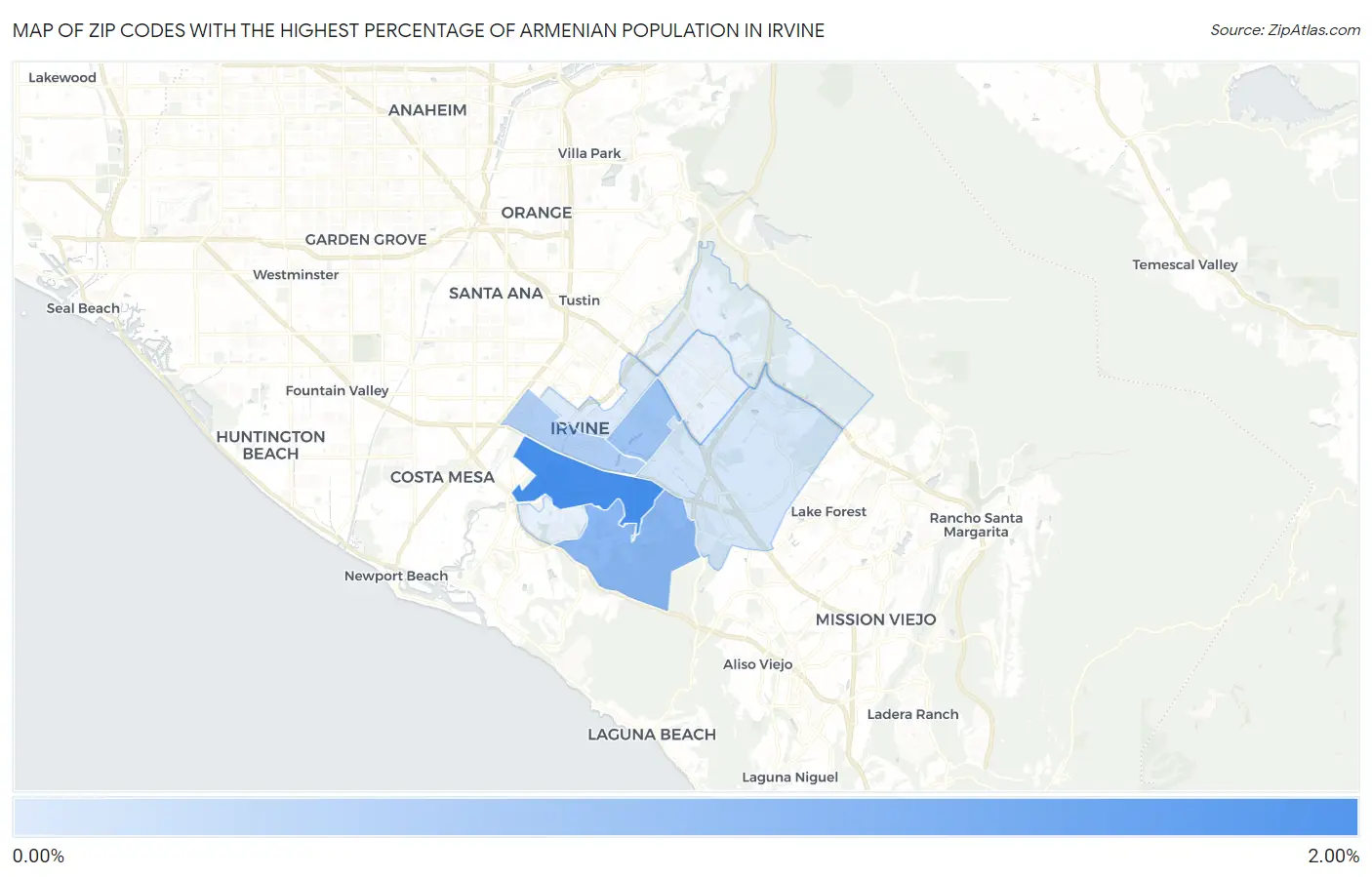 Zip Codes with the Highest Percentage of Armenian Population in Irvine Map