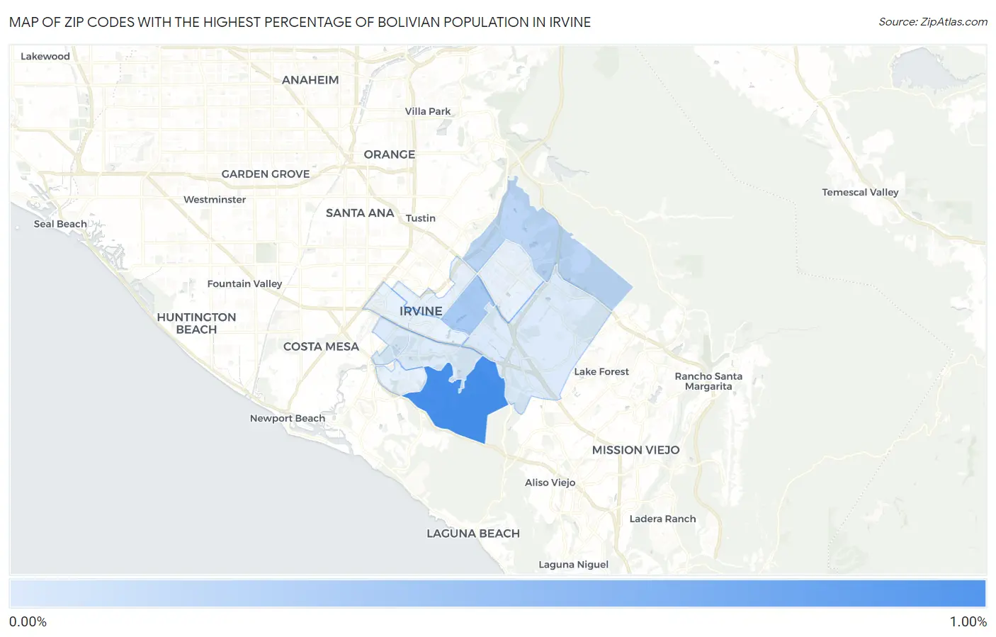 Zip Codes with the Highest Percentage of Bolivian Population in Irvine Map