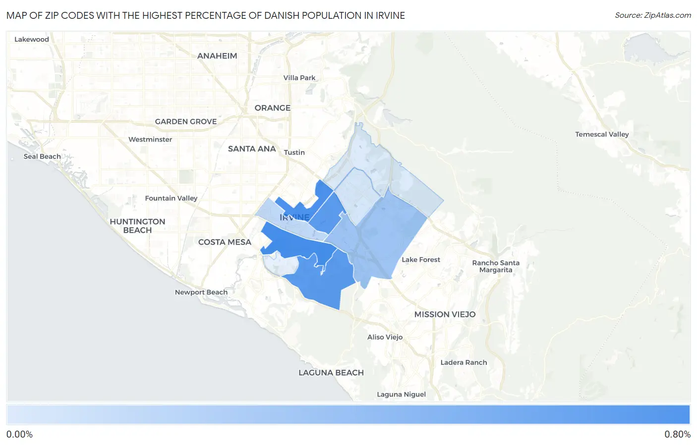 Zip Codes with the Highest Percentage of Danish Population in Irvine Map